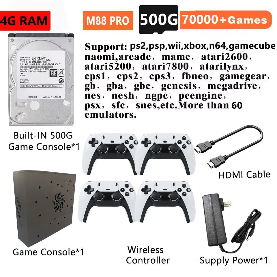 black 500G 4BW Color Retro Game Console With 70000+ Games, 2TB HDD