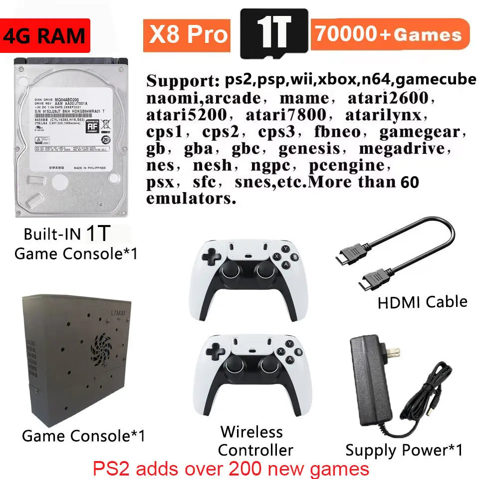 1T BW Color Retro Game Console With 70000+ Games, 2TB HDD